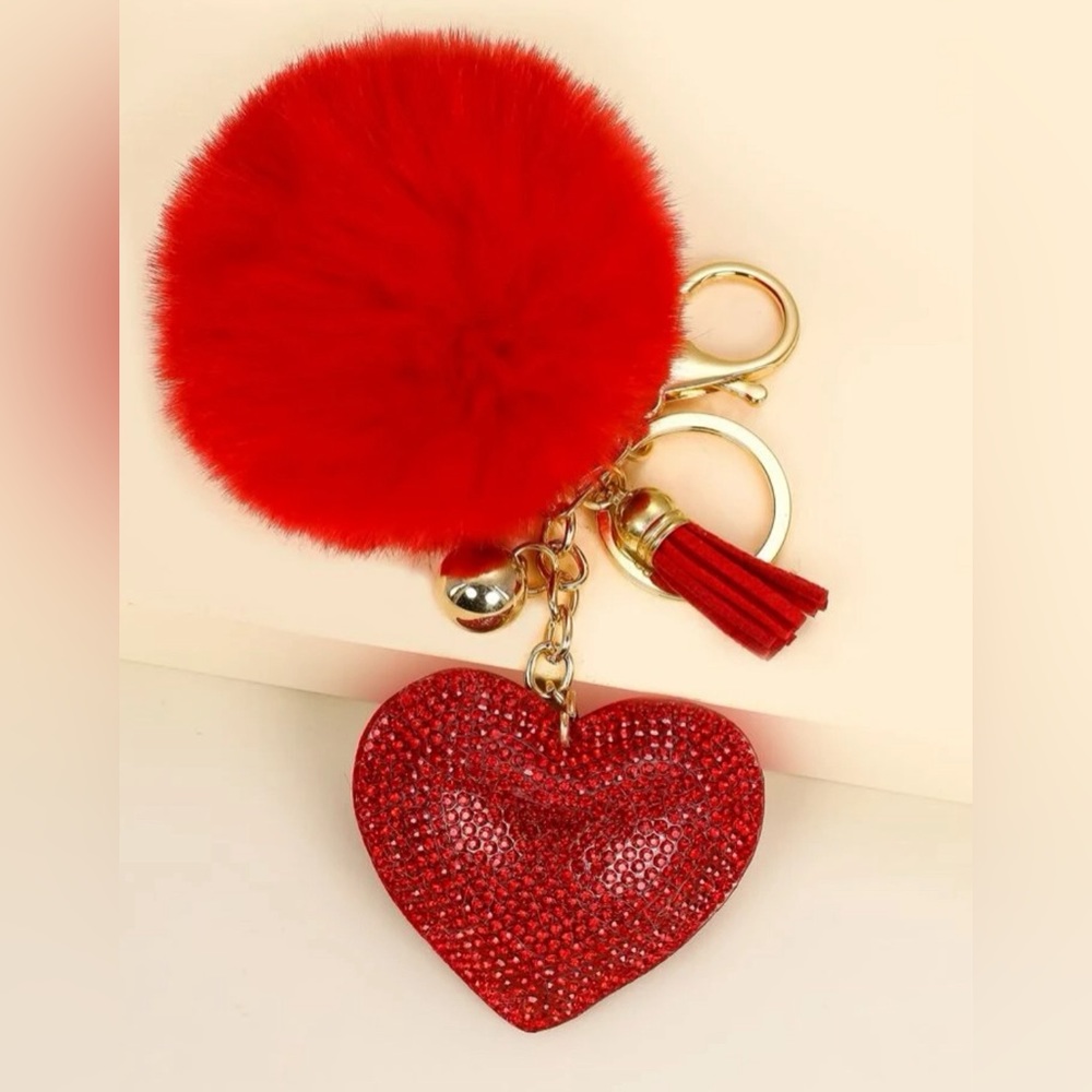 Red heart tassel and pompon keychain bag charm